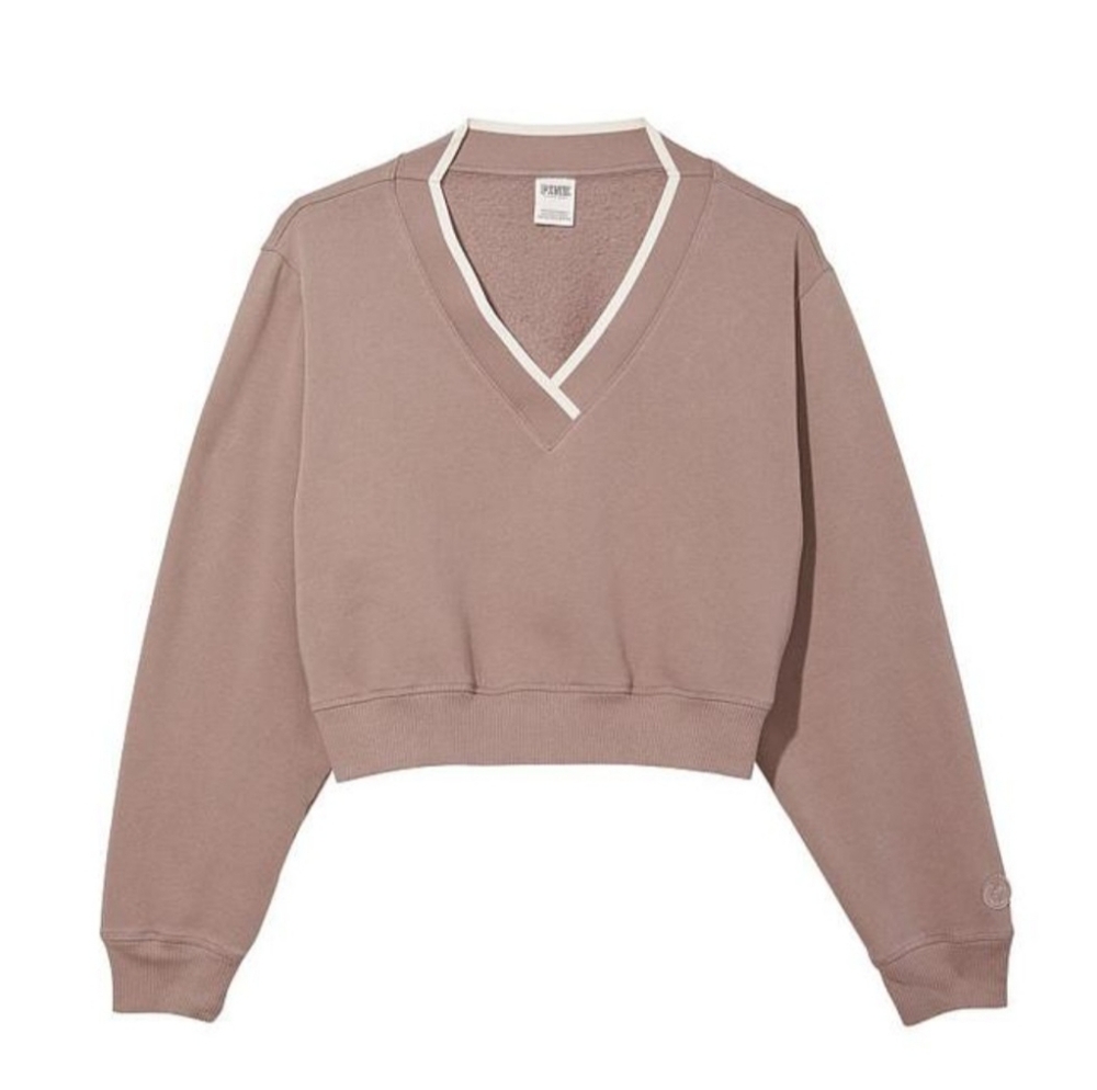 XXL or 2X VS Pink Cotton Blend V-Neck Cropped Sweatshirt Iced Coffee - Picture 4 of 8